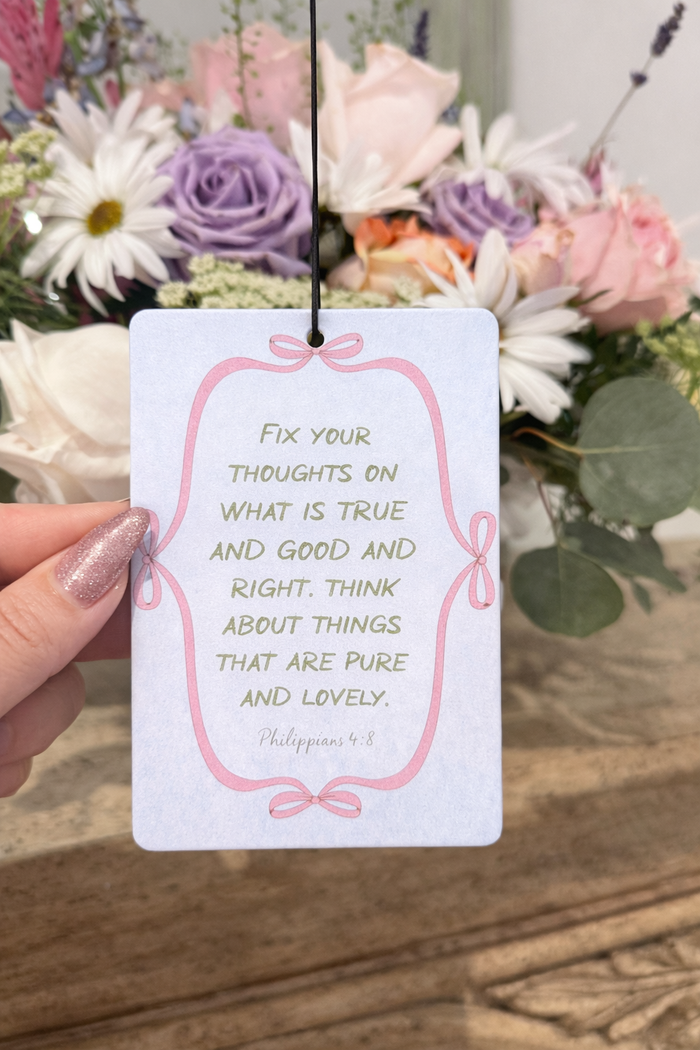 Fix Your Thoughts | Philippians 4:8 Coquette Ribbon Car Air Freshener | Peach Scented Christian Auto Accessory