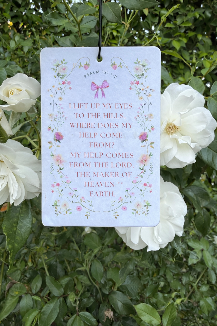 I Lift Up My Eyes to the Hills Rose Car Air Freshener | Psalm 121 Floral Christian Auto Accessory | Rose & Coquette Bow Mirror Charm
