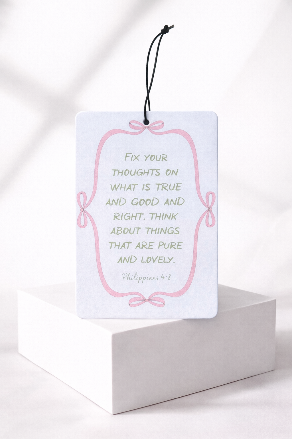 Fix Your Thoughts | Philippians 4:8 Coquette Ribbon Car Air Freshener | Peach Scented Christian Auto Accessory