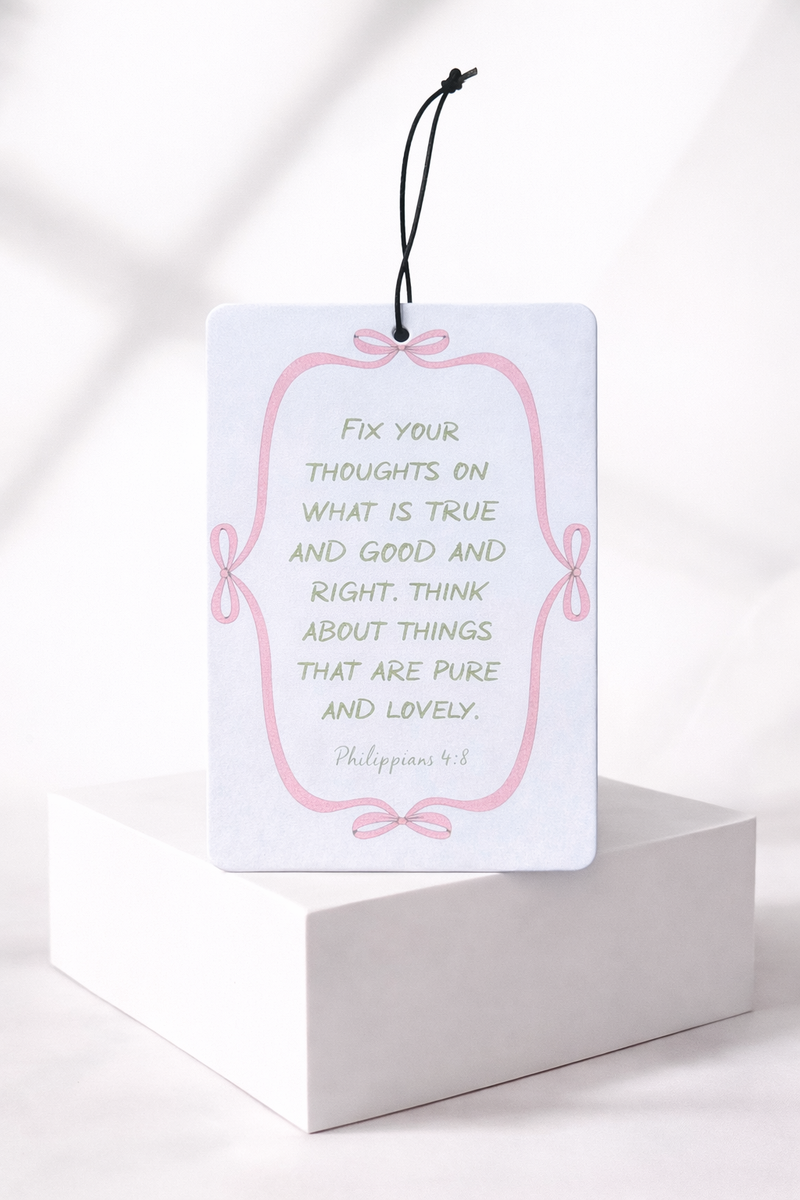 Fix Your Thoughts | Philippians 4:8 Coquette Ribbon Car Air Freshener | Peach Scented Christian Auto Accessory