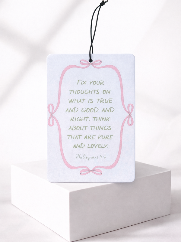 Fix Your Thoughts | Philippians 4:8 Coquette Ribbon Car Air Freshener | Peach Scented Christian Auto Accessory