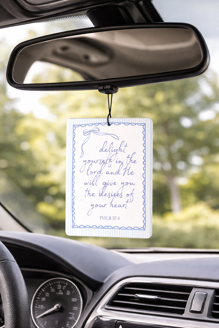 Delight Yourself in the Lord Chanel Scented Car Air Freshener | Psalm 37:4 Christian Auto Accessory | Preppy Bow Rearview Mirror Charm