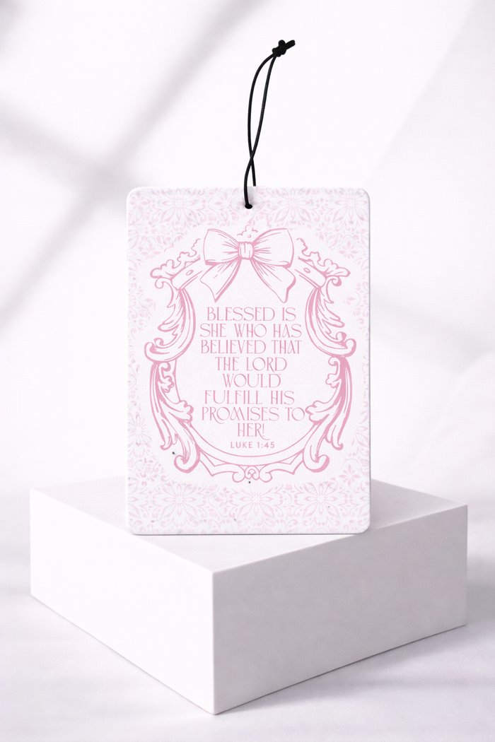 Blessed Is She | Luke 1:45 Coquette Pink Bow Car Air Freshener | Jasmine Scented Christian Auto Accessory