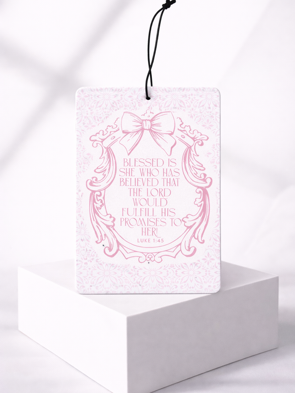 Blessed Is She | Luke 1:45 Coquette Pink Bow Car Air Freshener | Jasmine Scented Christian Auto Accessory