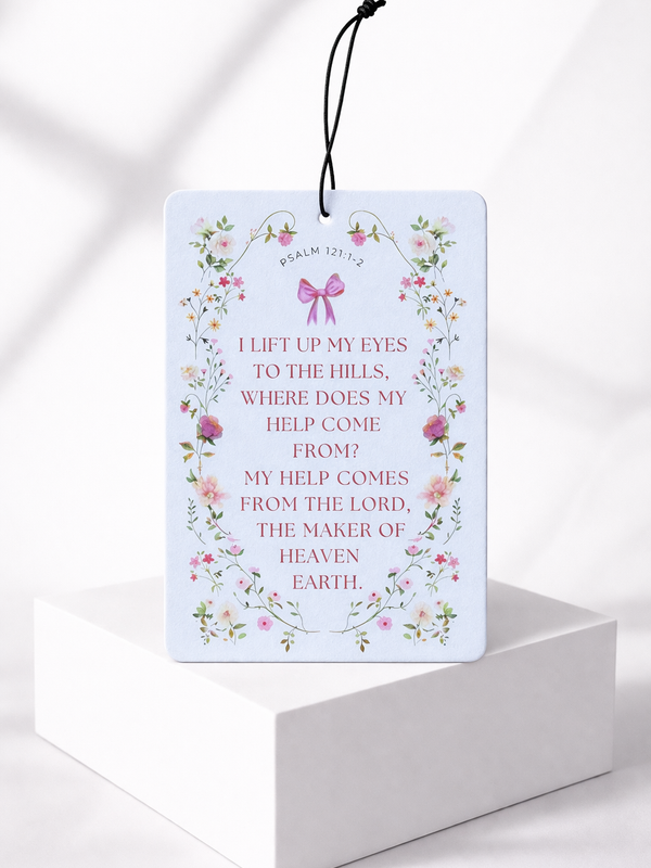 I Lift Up My Eyes to the Hills Rose Car Air Freshener | Psalm 121 Floral Christian Auto Accessory | Rose & Coquette Bow Mirror Charm