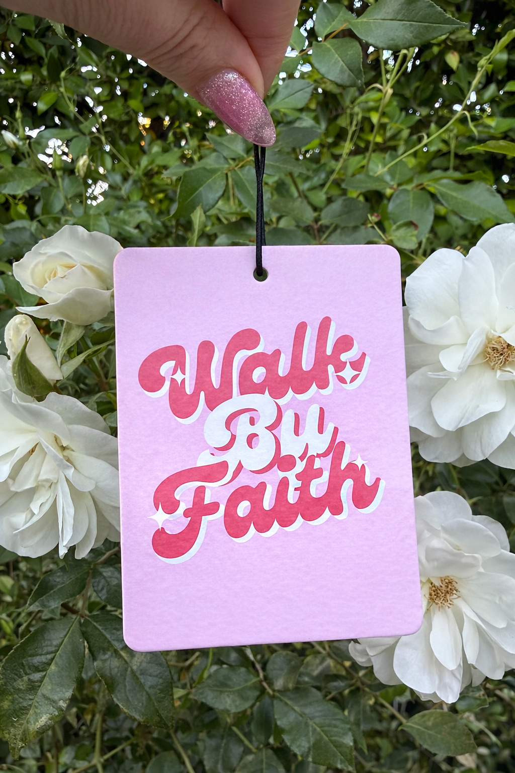 Walk By Faith | 2 Corinthians 5:7 Retro Pink Car Air Freshener | Cherry Scented Christian Auto Accessory