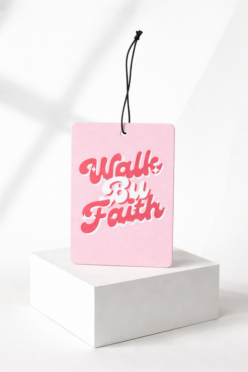 Walk By Faith | 2 Corinthians 5:7 Retro Pink Car Air Freshener | Cherry Scented Christian Auto Accessory