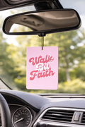 Walk By Faith | 2 Corinthians 5:7 Retro Pink Car Air Freshener | Cherry Scented Christian Auto Accessory